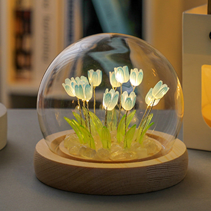 NNEDSZ (Twenty Blue Tulips) Glowing Tulip Dome Lamp -  Wooden Base, Bedside Table Decoration