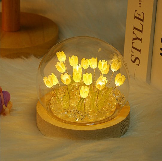 NNEDSZ (Twenty Yellow Tulips) Glowing Tulip Dome Lamp -  Wooden Base, Bedside Table Decoration